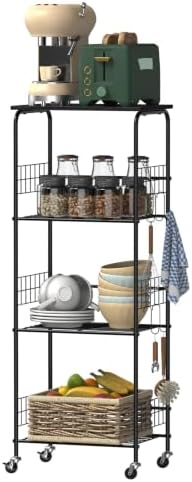 Rolling Kitchen Cart with Top Panel, 4-Tier Rolling Utility Cart with Hooks by YAHKBTENBrand