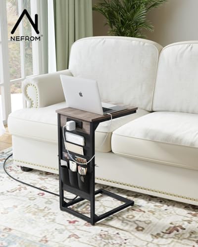 C-Shaped End Tables Set of 2, Small Couch Side Table with Fast-Charging Station, Sofa TV Tray Table with Storage Bag for Living Room, Bedroom, Bedside ET-GY-2 - Image 2