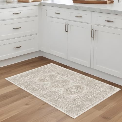 2x3 Area Rug Washable Vintage: Non Slip Throw Rugs for Entryway Floor Beige - Image 4