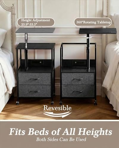 Faesun Swivel Lift Top Nightstand with Charging Station, Rolling Side Table for Recliner, Bedside Table with Wheels & 2 Fabric Drawers, for Small Spaces, for Bedroom, Living Room, Black Gray - Image 3