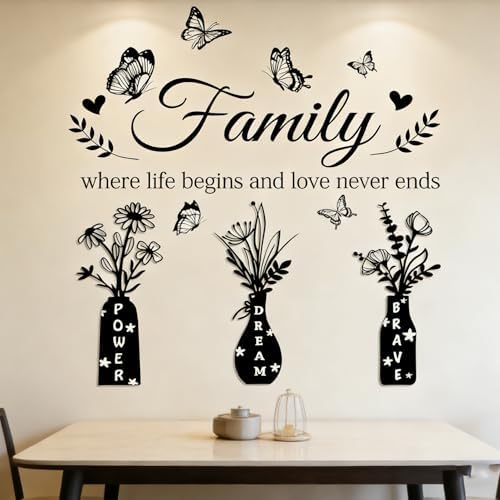 Family Where Life Begins and Love Never Ends Wall Decal - Inspirational Quote with Floral Vase & Butterfly Stickers, Power Dream Brave Vinyl Wall Art for Living Room, Entryway, Farmhouse Home Decor - Image 2