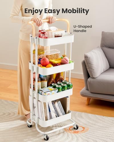 Pipishell Metal 4 Tier Rolling Cart with Handle & 2 Lockable Wheels, White - Image 3