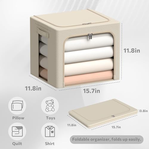 CYhom 3Pack Frame Storage Box - Clothes Storage Bin Bags Oxford Fabric Foldable Stackable Container Organizer Set with Clear Window & Carry Handles (Beige, X-Small-36L) - Image 5