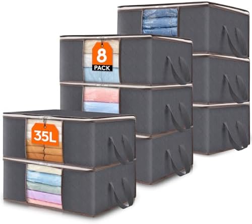 Lifewit 8 Pack 35L Clothes Storage Bins with Lids, Foldable Blanket Storage Bags with Zippers, Clear Window and Reinforced Handles, Closet and Organization for Clothing, Sweater, Comforter, Bedding by Lifewit
