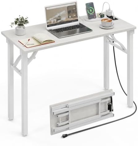 XBurmo Small Folding Desk Folding Table, No Assembly Foldable Desk Gaming Desk, 35.8-Inch Computer Table Workstation with 2 AC Outlets and 2 USB Ports for Bedroom and Home Office, White Ash by XBurmo