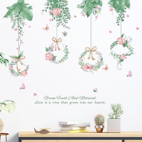Hanging Green Vine Wall Decals,Succulent Plants Wisteria Floral Flowers Butterflies Birds Wall Stickers, Self-Adhesive Vinyl Removable Living Room Sofa TV Wall Decor - Image 7