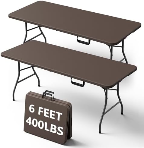 6FT Folding Table, Heavy Duty Plastic Fold-in-Half Utility Table with Handle, Portable Camping Picnic Table with Steel Legs for Indoor Outdoor Party, Dining, Brown,2 Pack by FoldingFurniture