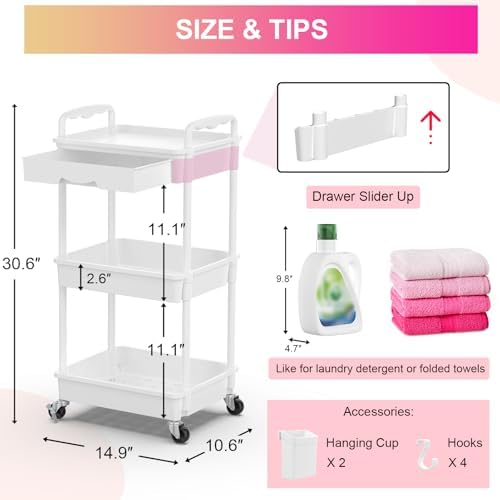 Goovilla 3 Tier Rolling Utility Cart Organizer with Removable Drawer, White - Image 4