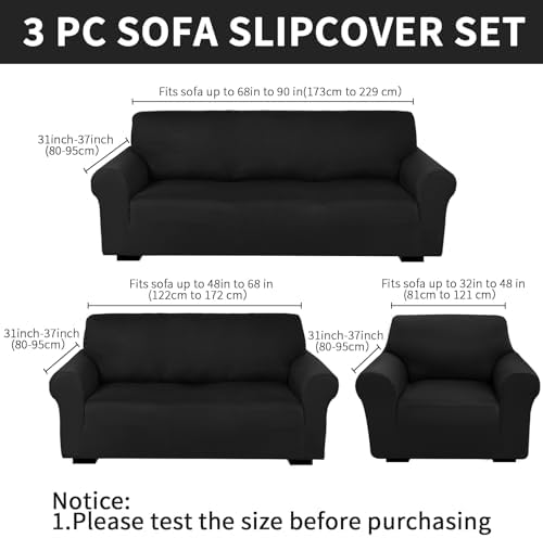 Peryiter 3 Pcs Couch and Loveseat Sofa Covers,Black,Milk Silk - Image 2