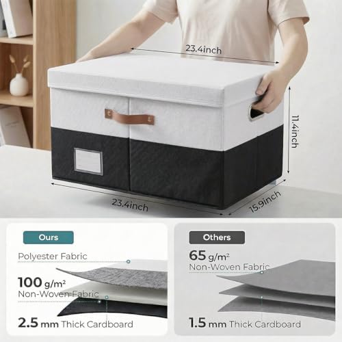 PRANDOM Storage Bins with Lids [3-Pack] Linen Fabric Foldable Storage Boxes Organizer Containers Baskets Cube with Cover for Bedroom Closet Office Grey&Black (23.4X15.9X11.4) - Image 5