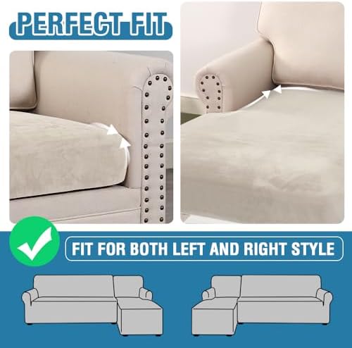 H.VERSAILTEX Velvet Stretch Sectional Couch Covers 3 Pieces Sofa Seat Cushion Covers L Shape Separate Cushion Couch Cover for Both Left/Right Sectional Couch (Large Sofa 2 Seater + 1 Chaise, Ivory) - Image 6