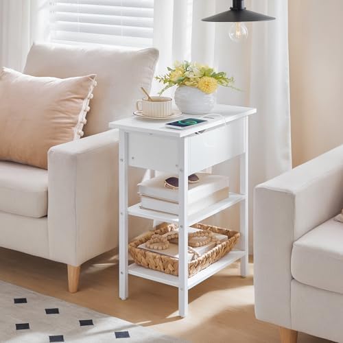 HOOBRO End Table with Charging Station, Narrow Side Table, Flip Top Nightstand with USB Ports and Outlets, Bedside Tables with Shelf for Small Spaces, Living Room, White WT341BZ01 - Image 2