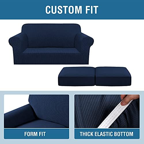 H.VERSAILTEX 3 Piece Stretch Sofa Covers for 2 Cushion Loveseat Couch Covers for Living Room Sofa Slipcovers (Base Cover Plus 2 Seat Cushion Covers) Thicker Jacquard Fabric(Medium Sofa, Navy) - Image 4