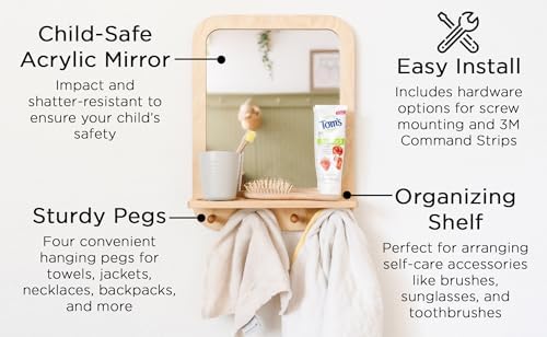 Montessori Wooden and Acrylic Wall Mirror with Hooks for Toddlers - Entryway Mirror with Hooks and Shelf Organizer Self-Care Station - Image 3