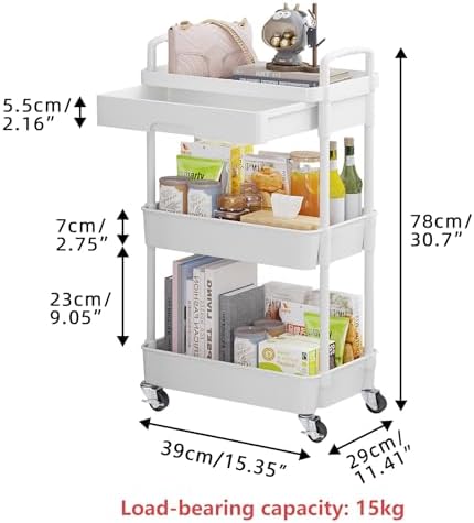 Calmootey 3-Tier Rolling Utility Cart with Drawer,Multifunctional Storage Organizer with Plastic Shelf & Metal Wheels,Storage Cart for Kitchen,Bathroom,Living Room,Office,White (Pack of 2) - Image 5
