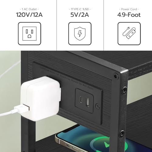 HOOBRO Small Narrow Side Table with Charging Station, Skinny End Table for Small Spaces, Slim Nightstand with USB Ports Outlet, Sofa Beside Table with Storage Shelf, Black BB102UBZ01 - Image 5