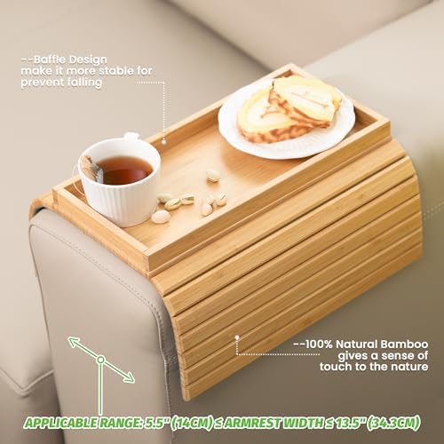 GEHE Bamboo Sofa Arm Tray, Foldable Couch Arm Tray Side Table, Anti-Falling Armrest Tables Cup Holder for Snacks, Drinks, Beers, Phone, Control, Flexible and Portable, Anti-Slip - Image 4