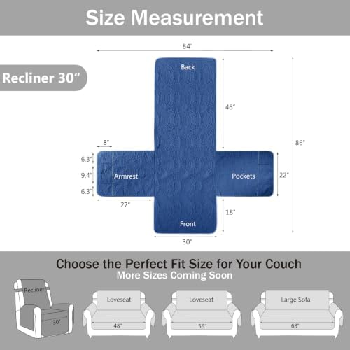 Large Blue Recliner Chair Covers, Quilted Décor Water-Repellent Lazy Boy Chair Covers, Pet Friendly Large Recliner Cover for Dogs Cats, Washable Couch Cover (Recliner 30", Blue) - Image 6