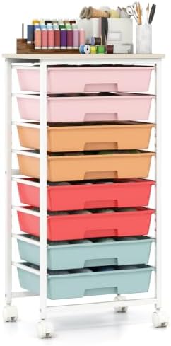 Giantex 8 Drawers Rolling Cart with Wheels, Wood Top, Sturdy Frame by Giantex