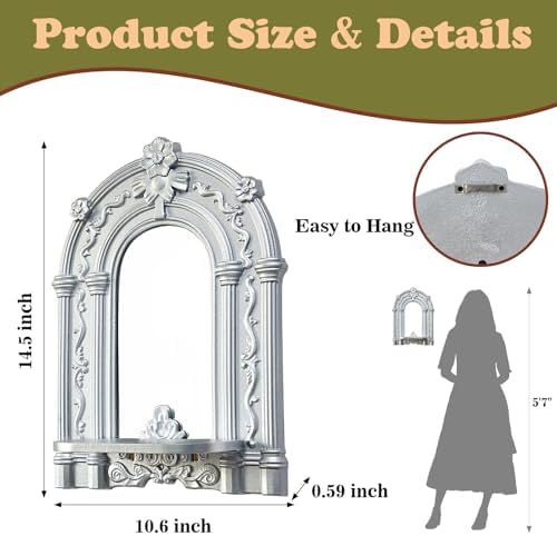 2 Set Vintage Candle Wall Sconce for Home Decor Living Room Bedroom Office Wood Antique Mirrored Victorian Mounted Candlestick Wall Holder Relief Hanging Decor -Silver 11.8in - Image 5