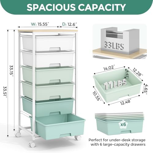 6 Drawer Rolling Storage Cart with Wooden Top and Wheels for Crafts,Green - Image 3