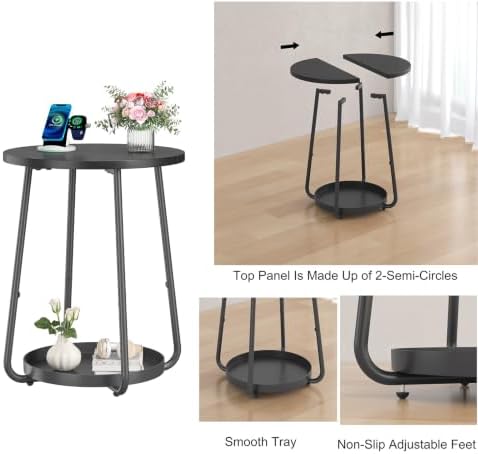 sthmec Small Round Side End Table with Storage, 2 Tier Round Bedside Sofa Couch Coffee Tables with Tray, Metal Nightstand for Small Spaces, Living Room Bedroom, Black - Image 4