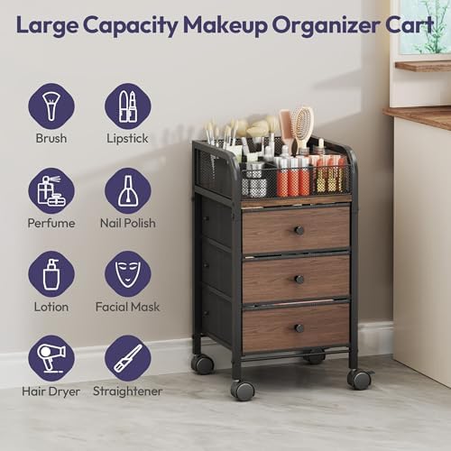 SWTYMIKI Rolling Makeup Organizer Cart - Under Desk Vanity Makeup Storage with 3 Non-woven Drawers, Nail Cart Organizer Cosmetic Display Cases Cabinet for Skin Care Perfume Nail Polish Brush Hair Tool - Image 6