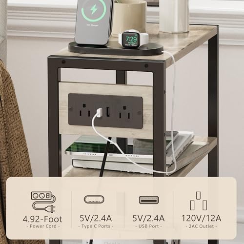 End Table with Charging Station, 3-Tier Side Table for Small Space, Skinny Nightstand with USB/Type C Port and 2 Outlets, Slim Sofa Beside Table for Living Room, Bedroom and Balcony, Greige - Image 6