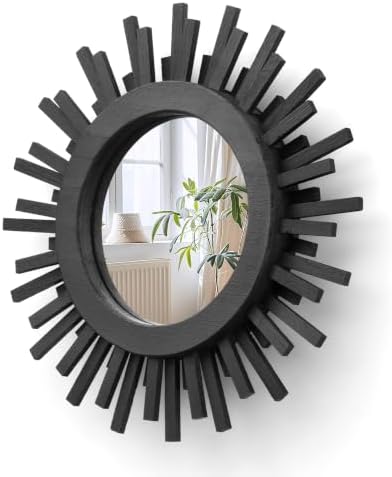 12 Inch Boho Sunburst Mirror, Round Wooden Wall Decor Starburst Sun Mirror for Bedroom, Living Room, Bathroom, Hallway, Balcony, Farmhouse Entryway, Housewarming Gift（Black by Makelifemorewonderful