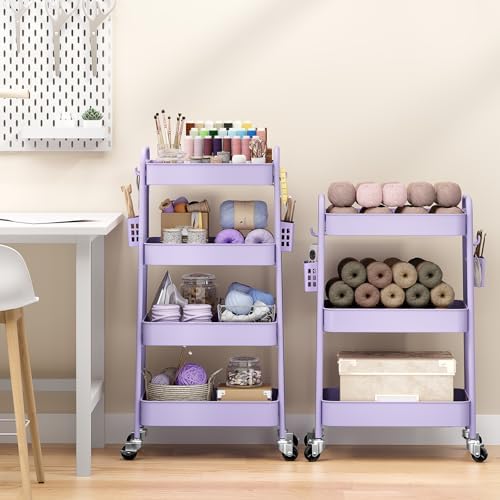 TOOLF 4 Tier Rolling Cart, Metal Utility Storage Cart with Pegboard, Purple | 2 Bins & 4 Hooks, Screwless Assembly, Lockable Wheels, Trolley Organizer for Bathroom, Kitchen, Office, Dorm, Craft Room - Image 2