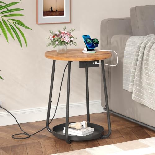 sthmec Small Round Side End Table with Storage and Charging Station, 2 Tier Round Bedside Sofa Couch Coffee Tables with Tray, Metal Nightstand for Small Spaces, Living Room Bedroom, Rustic Brown - Image 7