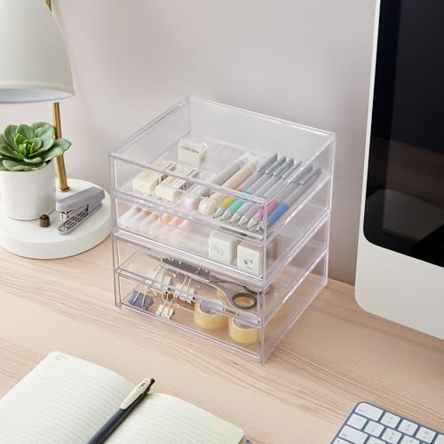 STORi Stackable Desk Drawer Organizer, Clear Pen Pencil Makeup Brush Holder for Desktops and Vanities, 4 Wide Drawers (Made in USA) - Image 4