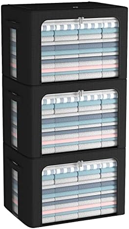 CYhom 3Pack Foldable Storage Bins - Frame Storage Box Linen Fabric Stackable Clothes Container Organizer with Clear Window & Carry Handles Large Capacity (Large-66L, Black) by CYhom