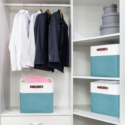 Bagnizer 13x13 Cube Storage Bins, Collapsible Fabric Storage Box, 4 Pack Closet Baskets with Handles for Organizing, Shelf, Toys, Clothes, Home, Office, Nursery (Teal&White) - Image 2