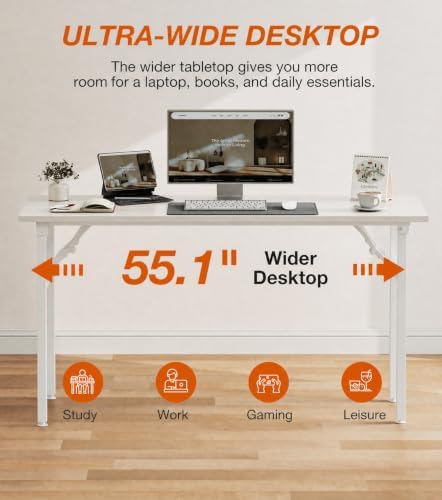 XBurmo Folding Desk Foldable Table, No Assembly 55.1" Foldable Desk Space-Saving Workstation for Small Space, Computer Table, Flat Storage for Home Office, Bedroom, Dorm, Study Room, White Ash - Image 5