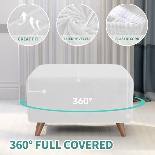 MAXIJIN Velvet Ottoman Cover Rectangular Stretch Square Ottoman Covers Slipcover Rectangle Washable Foot Stool Cover Thick Storage Protector with Elastic Bottom (Ottoman Medium, White) - Image 4