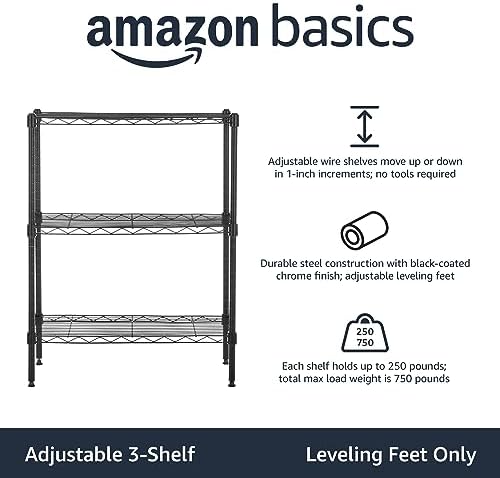 Amazon Basics 3-Shelf Adjustable Heavy Duty Steel Wire Rack Storage Shelving Organizer with Storage Space, Versatility and Ease of Use for Kitchen, Garage, 23.2" L x 13.4" W x 30" H, Black - Image 4