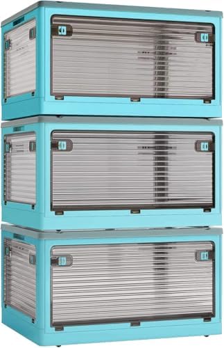 3-Pack 83L Stackable Storage Bins with Lids and Wheels, Foldable Storage Boxes Collapsible Organizers for Home Organization, Storage Cabinets for Outdoor Camping, Blue by CearsoerOfficial