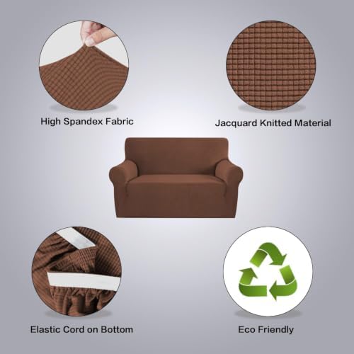 H.VERSAILTEX Stretch Couch Cover Loveseat Covers for 2 Cushion Couch Slipcover|Cover for Loveseat 1 Piece with Elastic Bottom, Checked Jacquard Fabric(58'-70' Wide, Caramel) - Image 4