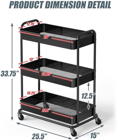 Simple Houseware 26" Extra-Wide 3-Tier Heavy Duty Metal Utility Cart, Black - Image 2