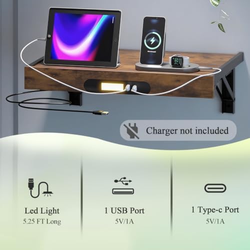 TEAMIX Floating Nightstand with Charging Station, Wall Mounted Folding Bedside Shelf Combo Wood Nightstand with Led Light USB Type C Ports, Bed Side Storage Tray Caddy for Bedroom, Living Room, Dorm - Image 5
