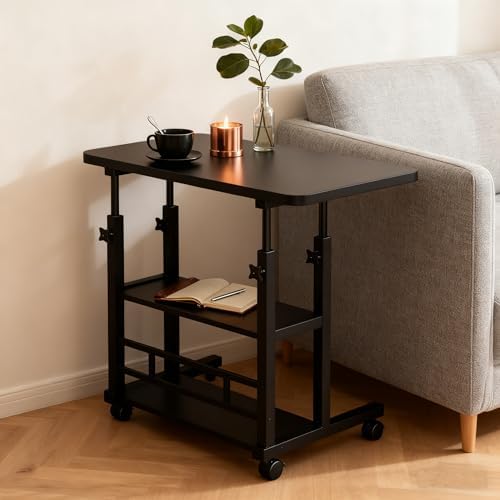 VebaCidi Medical Overbed Bedside Table with Two Shelves and Wheels (Hospital and Home Use), 31 1/2" Desk with Non Tilt Wooden Top, Adjustable Height (Black Desktop and Legs) - Image 3