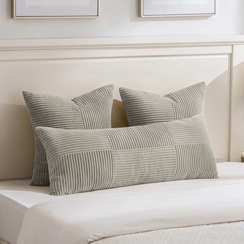 Fancy Homi Set of 2 Neutral Grey Boho Long Lumbar Body Decorative Throw Pillow Cover 14x36 Inch for Bed Couch Bedroom Bench, Soft Patchwork Corduroy Textured Pillow Case, Rustic Farmhouse Room Décor - Image 2
