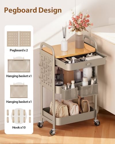 ALVOROG 3 Tier Metal Rolling Cart with Drawer,Wood Top,Pegboards,Khaki - Image 3