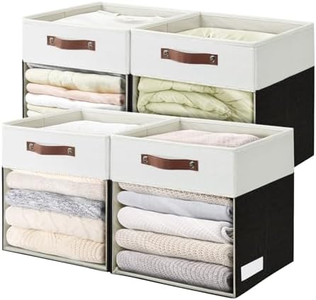 Bagnizer Storage Cubes, 4 Pack Linen Foldable Storage Bins (13 x 13 inch) with Clear Window and Handles, Fabric Organizer for Shelf Closet, Clothes, Books - (Black and White) by Bagnizer