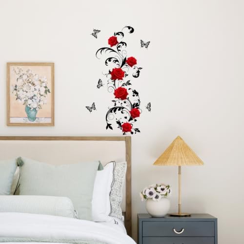 Red Rose Gothic Wall Decals Peel and Stick, Floral Rose Wall Stickers, Removable Vinyl Dark Botanical Wall Decor, Romantic Gothic Wall Art for Bedroom Living Room Office Halloween Home Decorations - Image 5