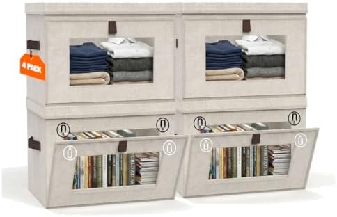 35L Large Closet Organizers and Storage Bins 4-Pack, Collapsible Fabric Storage Boxes with Lids and Handles, Front Opening Wardrobe Container with Clear Window for Clothes, Blankets, Living Room, Dorm by CABIBOX
