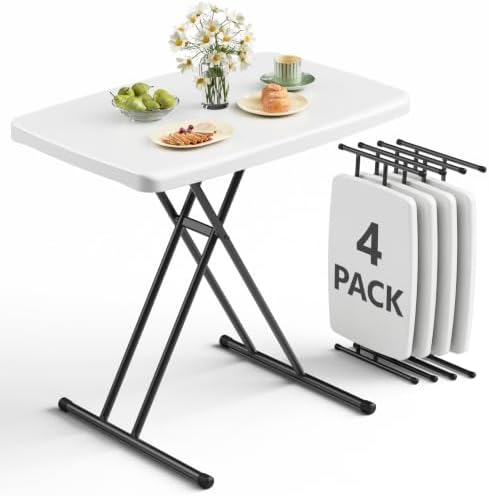 Folding Table 30 Inch -4pack, Small Desk Adjustable Height TV Tray for Laptop, Couch, Camping - Heavy Duty Utility Foldable Table for Small Spaces, No Assembly Required, White by FoldingFurniture