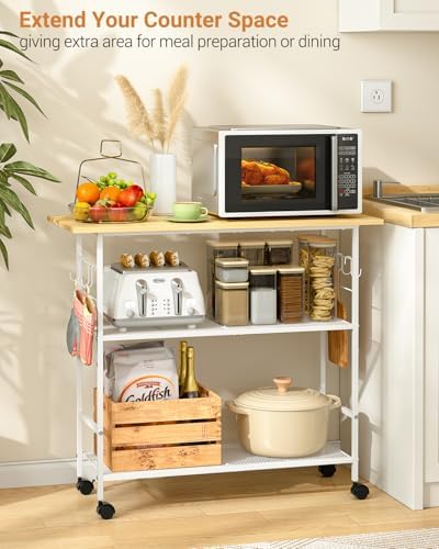 Kitchen Island with 3 Shelves, Rolling Kitchen Cart with 6 Hooks and Protective Shelf, Microwave Stand on Lockable Wheels, Bakers Rack Coffee Bar for Dining, Living Room, Outdoor, Metal Frame, White - Image 3