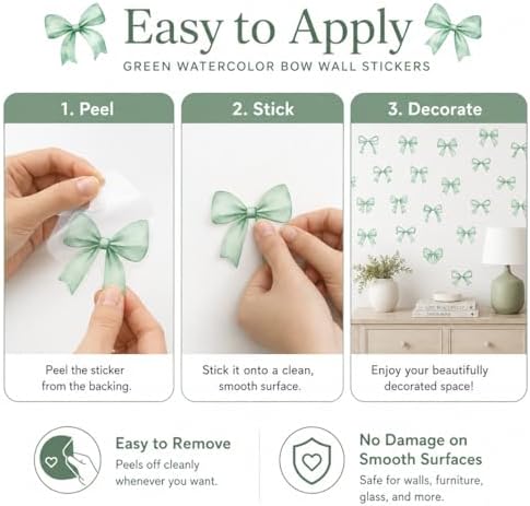 60Pcs Watercolor Bowtie Wall Stickers - Coquette Aesthetic Vinyl Decals for Room Decor in Light Pink, Sky Blue, Mint Green, Lavender Peel and Stick Nursery, Bedroom, Kindergarten Wall Art (Green) - Image 3